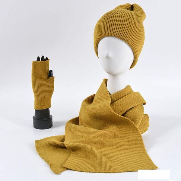 women men winter beanie hat long scarf half finger gloves 3 pieces solid color k 35ef, Blue;gray